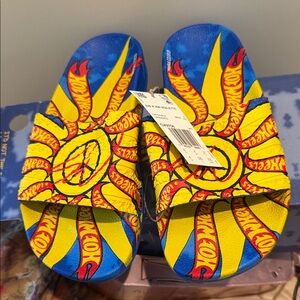 adidas Hot Wheels Sun Graphic Slide Sandals - Blue, Yellow & Red